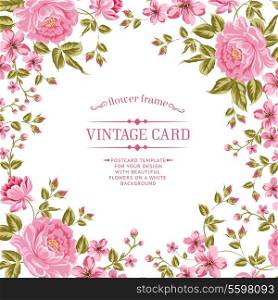 Luxurious color peony background with a vintage label. Vector illistration.