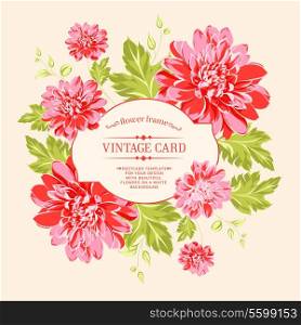 Luxurious red peony background with a vintge label. Vector illustration.