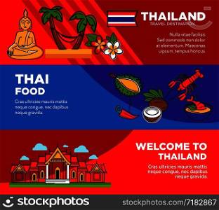 Luxurious resort in tropical Thailand promotional posters set. Exotic food and famous attractions on travel agency banners. Journey to hot country near ocean advertisement vector illustrations.. Luxurious resort in tropical Thailand promotional posters set