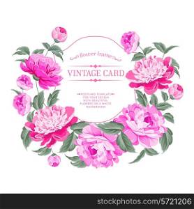 Luxurious vintage frame of color peony label. Vector illustration.