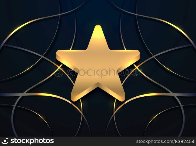 Luxury 3D golden star award badge with abstract wavy gold lines elements on dark blue background. Vector illustration