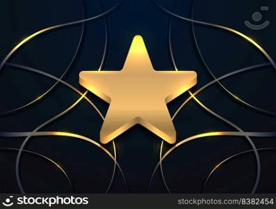 Luxury 3D golden star award badge with abstract wavy gold lines elements on dark blue background. Vector illustration