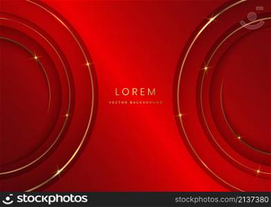 Luxury 3d template design circles overlapping layers stripes and gold glitter line light on red elegant background with copy space for text. Vector illustration
