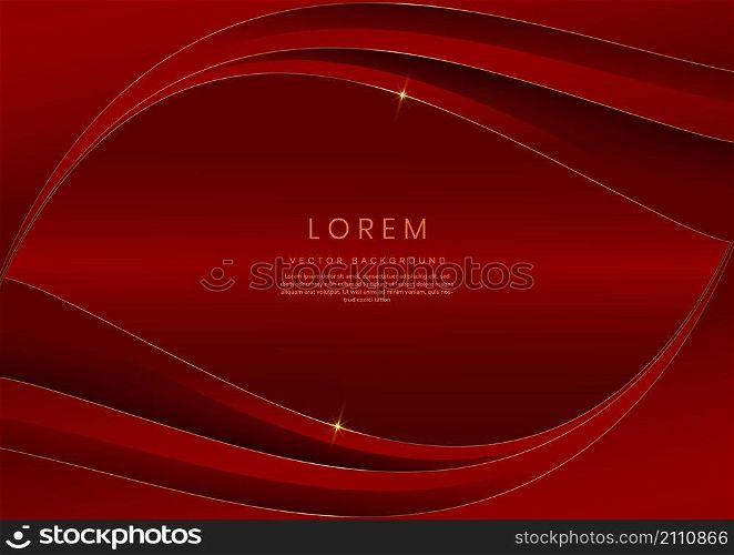 Luxury 3d template design curved red overlapping layers stripes and gold glitter line light sparking on red background with copy space for text. Vector illustration