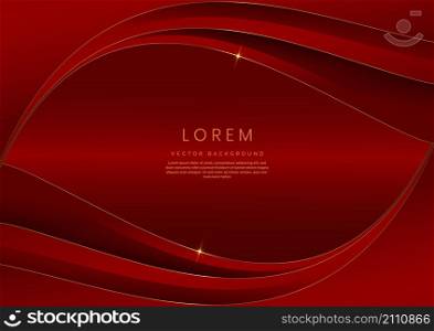 Luxury 3d template design curved red overlapping layers stripes and gold glitter line light sparking on red background with copy space for text. Vector illustration