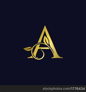 Luxury A Initial Letter Logo gold color, vector design concept ornate swirl floral leaf ornament with initial letter alphabet for luxury style.