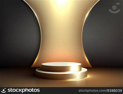 Luxury and elegance with this 3D realistic white and gold showcase podium featuring a golden backdrop on black background. Ideal for presenting your mockup products in a modern and stylish. vector illustrator 
