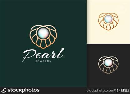 Luxury and elegant pearl logo with seashell or scallop represent jewelry and gem