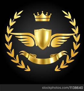 Luxury award with wings. Luxurious symbol of champion on dark background with royal leaves and ribbon vector 3d design concept. Luxury award with wings. Luxurious symbol of champion on dark background with royal leaves and ribbon vector concept