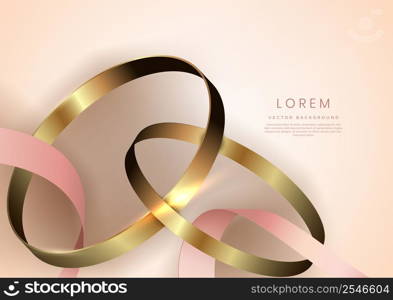 Luxury background with pink ribbon and golden circle shape 3d golden with copy space for text. Vector illustration