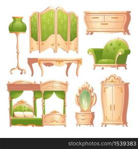 Luxury baroque interior, romantic vintage bedroom old furniture bed with canopy, folding screen and floor lamp, wardrobe, mirror, table and armchair with chest of drawers, isolated cartoon vector set. Luxury baroque interior, romantic vintage bedroom