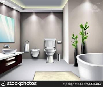 Luxury bathroom interior in modern design realistic composition for business magazine catalog website page vector illustration . Luxury Bathroom Interior Realistic Design 