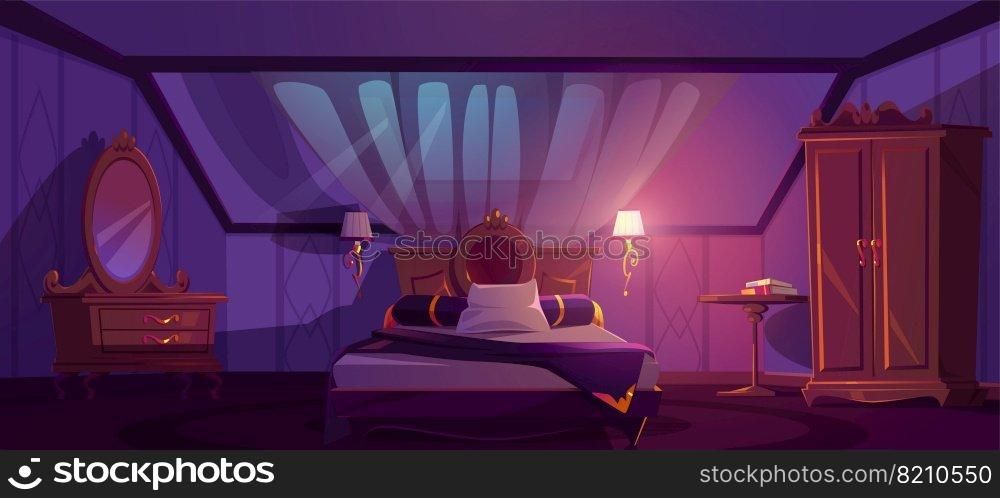 Luxury bedroom interior on attic at night. Vector cartoon mansard sleeping room with bed, window in roof, wardrobe, golden l&s and dressing table with mirror. Luxury bedroom interior on attic at night