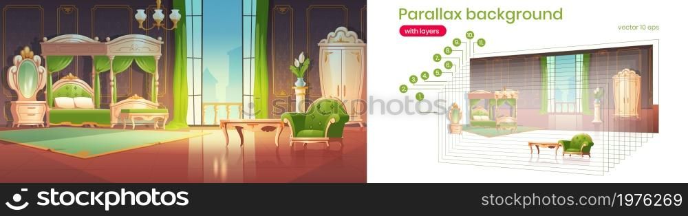 Luxury bedroom interior with furniture in baroque style. Vector parallax background for 2d animation with cartoon illustration of vintage room with canopy bed, mirror, chair and doors to balcony. Parallax background with luxury bedroom interior
