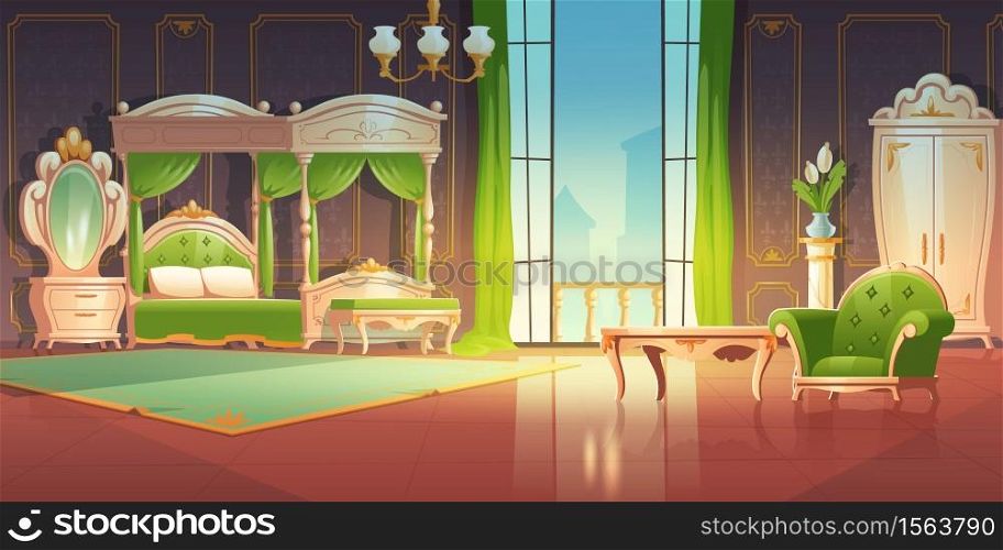 Luxury bedroom interior with furniture in romantic style. Vector cartoon illustration of vintage baroque room with canopy bed, mirror on dressing table and open glass doors to balcony. Luxury baroque bedroom with open doors to balcony