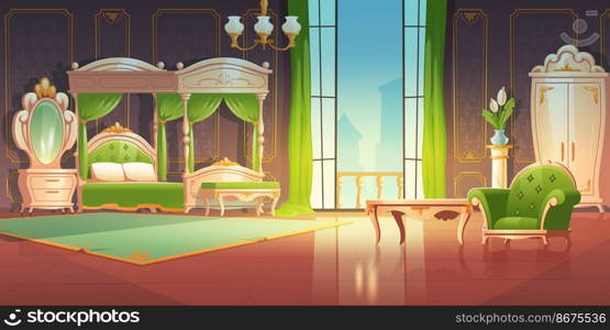 Luxury bedroom interior with furniture in romantic style. Vector cartoon illustration of vintage baroque room with canopy bed, mirror on dressing table and open glass doors to balcony. Luxury baroque bedroom with open doors to balcony