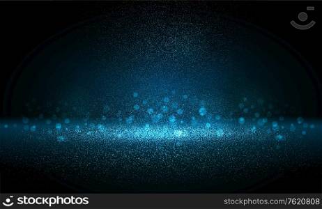 Luxury blue gold glitter particles on black background. Blue glowing lights magic effects. Glow sparkles, vector illustration. Glitz dust. Luxury blue gold glitter particles on black background. Blue glowing lights magic effects. Glow sparkles, vector illustration.