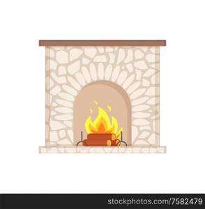 Luxury bonfire, flame and logs, home interior furniture piece. Stone fireplace with burning firewoods, granite bonfire hearth vector isolated icon. Luxury Bonfire, Flame and Logs, Home Interior Furniture