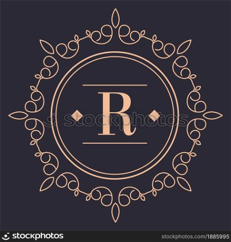 Luxury brand vintage logotype with ornaments, rounded isolated icon. Letter and floral decor, presentation of product. Modern label or emblem for business unique production vector in flat style. Vintage rounded label or logotype of luxury brand