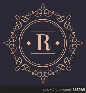 Luxury brand vintage logotype with ornaments, rounded isolated icon. Letter and floral decor, presentation of product. Modern label or emblem for business unique production vector in flat style. Vintage rounded label or logotype of luxury brand