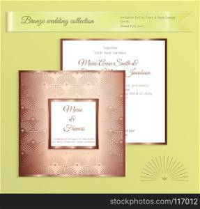 Luxury bronze shiny wedding invitation template. Back and front square card layout with rich gold bronze pattern. Isolated. Design for bridal shower, save the date, banner.