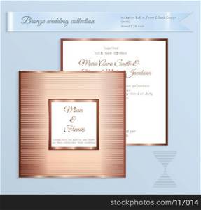 Luxury bronze shiny wedding invitation template. Back and front square card layout with rich gold bronze pattern. Isolated. Design for bridal shower, save the date, banner.