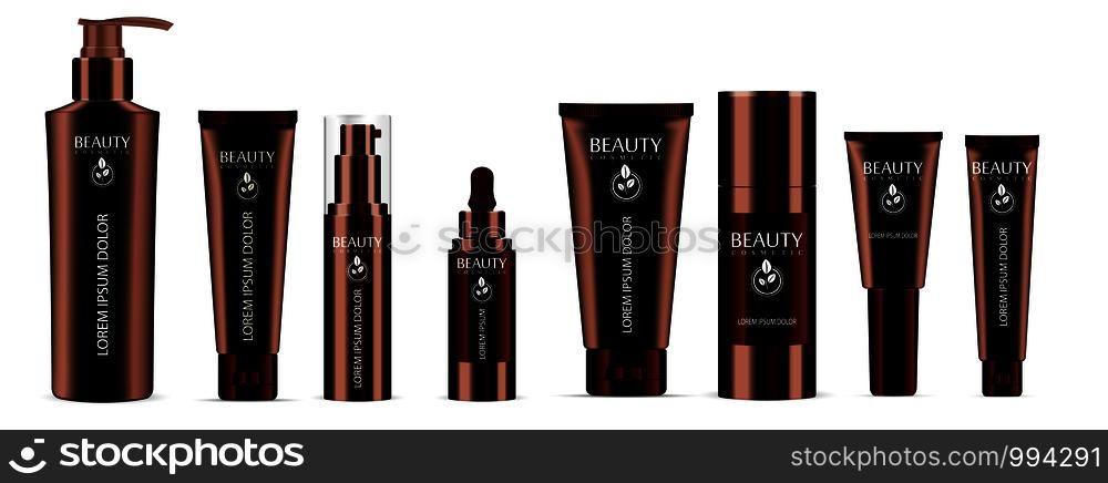 Luxury brown cosmetics bottle set: dispenser, dropper, cream tubes, deodorant. Vector cosmetic mockup package design. Sample label and logo included.. Brown cosmetic bottle set dispenser, dropper, tube