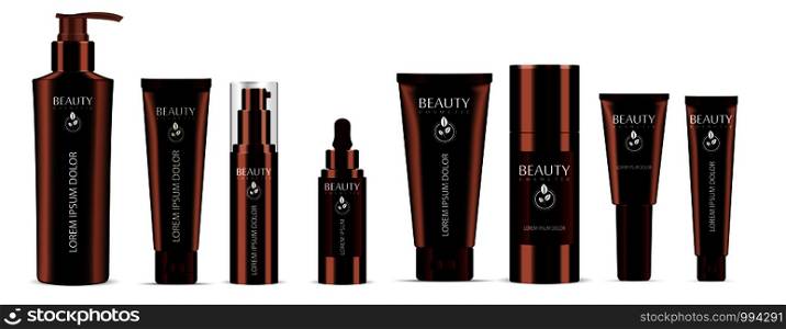 Luxury brown cosmetics bottle set: dispenser, dropper, cream tubes, deodorant. Vector cosmetic mockup package design. Sample label and logo included.. Brown cosmetic bottle set dispenser, dropper, tube