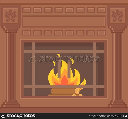 Luxury brown fireplace with pilasters, ornaments and lattice vector closeup. Vintage heater with burning fire and column patterns, brown home mantelpiece. Luxury Brown Fireplace with Decorative Ornaments