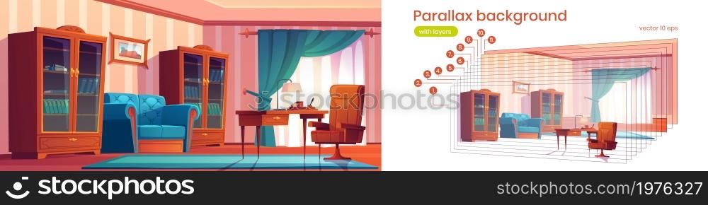Luxury cabinet parallax background 2d cartoon empty room interior with classic style furniture, leather armchair, bookcases and wood bureau table, with lamp and stationery layers, Vector illustration. Luxury cabinet parallax background 2d cartoon room