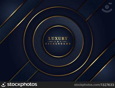 Luxury circle 3d overlap background with golden lines and blue glitters dots geometric on dark blue background. Vector illustration
