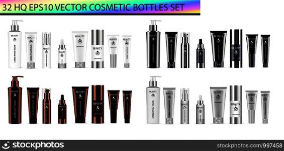 Luxury color 32 pcs. cosmetics bottle set: dispenser, dropper, cream tubes, deodorant. Vector cosmetic mockup package design. Sample label and logo included.. Luxury cosmetic bottle set dispenser, dropper tube