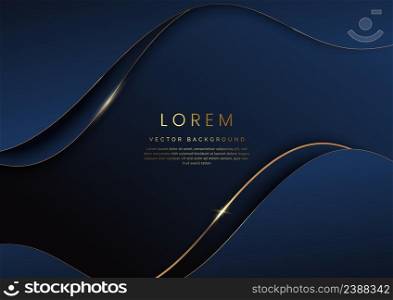 Luxury concept template 3d dark blue wave shape on dark blue background and golden curve line with copy space for text. Vector illustration