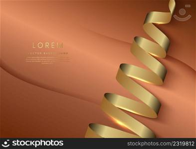 Luxury concept template 3d golden curve line shape on brown elegangt background and golden ribbon line with copy space for text. Vector illustration