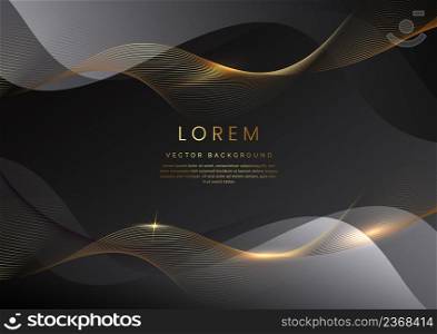 Luxury concept template 3d grey curve shape on black elegangt background and golden ribbon line with copy space for text. Vector illustration