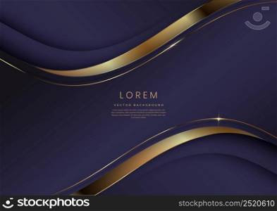 Luxury concept template 3d purple curve shape on violet elegangt background and golden ribbon line with copy space for text. Vector illustration