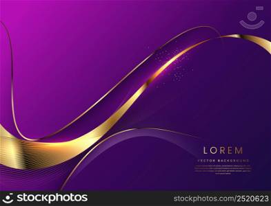 Luxury concept template 3d purple curve shape on violet elegangt background and golden ribbon line with copy space for text. Vector illustration