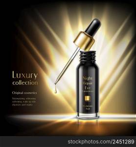 Luxury cosmetics realistic advertisement poster with black essential oil bottle with dropper golden rays dark background vector illustration . Cosmetic Products Realistic Advertisement Poster