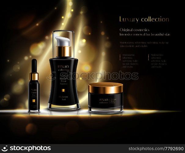 Luxury cosmetics realistic advertisement poster with black lotion dispenser cream jar golden bubbles dark background vector illustration . Cosmetic Products Realistic Advertisement Poster