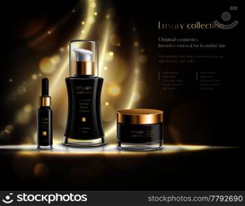 Luxury cosmetics realistic advertisement poster with black lotion dispenser cream jar golden bubbles dark background vector illustration . Cosmetic Products Realistic Advertisement Poster