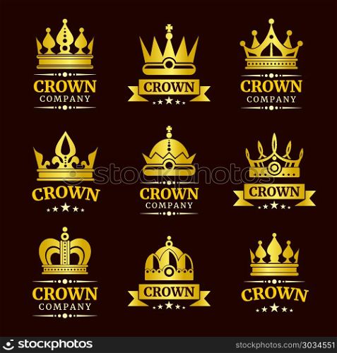 Luxury crown logo set. Luxury crown logo and crown monogram set. Gold crowns with text vector