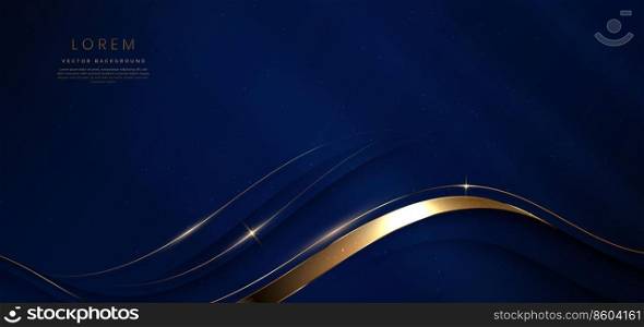 Luxury curve golden lines on dark blue  background with lighting effect and space for text. Luxury design style. Template premium award design. Vector illustration