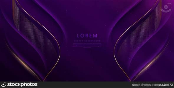 Luxury curve golden lines on dark purple  background with lighting effect copy space for text. Luxury design style. Template premium award design. Vector illustration