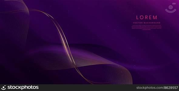 Luxury curve golden lines on dark purple  background with lighting effect copy space for text. Luxury design style. Template premium award design. Vector illustration