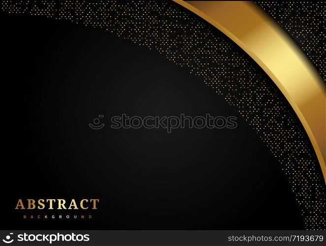 Luxury curve overlap layers black background with glitter and golden lines glowing dots golden combinations with copy space for text. Vector illustration