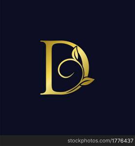 Luxury D Initial Letter Logo gold color, vector design concept ornate swirl floral leaf ornament with initial letter alphabet for luxury style.
