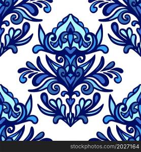 Luxury Damask flourish flower seamless pattern blue background. Elegant decorative portuguese azulejo tile.. Vector seamless pattern Damask vector design