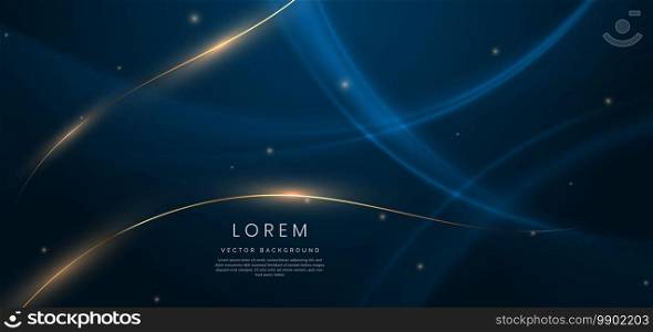 Luxury dark blue background with gold line curved and lighting effect sparkle. Vector illustration