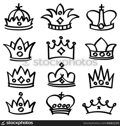 Luxury doodle queen crowns vector sketch collection. King crown and imperial doodle crown illustration. Luxury doodle queen crowns vector sketch collection