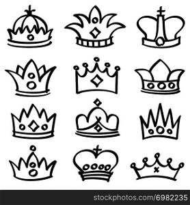 Luxury doodle queen crowns vector sketch collection. King crown and imperial doodle crown illustration. Luxury doodle queen crowns vector sketch collection